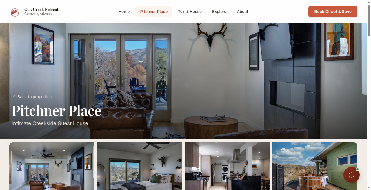 The live Pitchner Place property page with a guest-house interior, photo gallery, and Book Direct path.