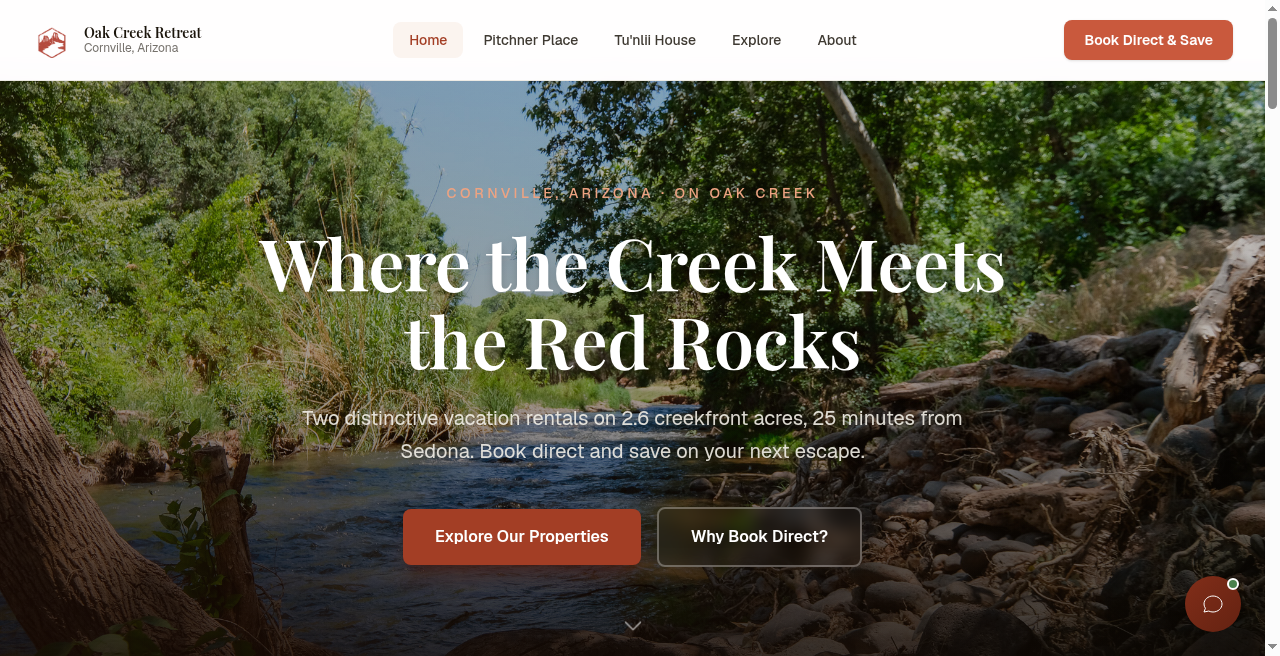 The live Oak Creek Retreat homepage. A creek photograph, the line Where the Creek Meets the Red Rocks, and booking calls to action.