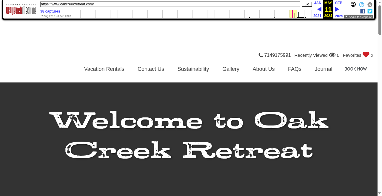May 2024 Wayback Machine snapshot of the old Oak Creek Retreat homepage. A generic template with a large welcome heading.
